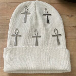 White Knit Beanie with Silver Ankh Symbols